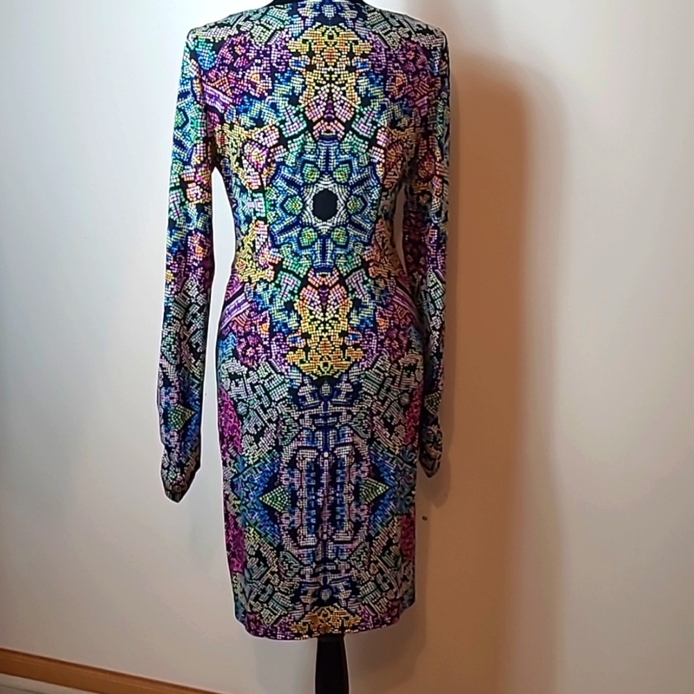 Hale Bob Shift Dress Long Sleeve Colorful Med Reptile Ruched Bodycon Womens - Picture 7 of 12